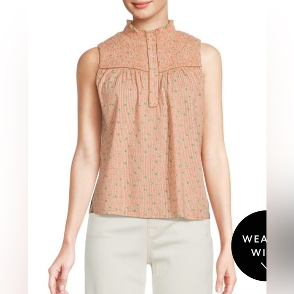 Joie Joesa Smocked Mock Turtleneck Orange Striped‎ Sleeveless Blouse - Picture 1 of 8